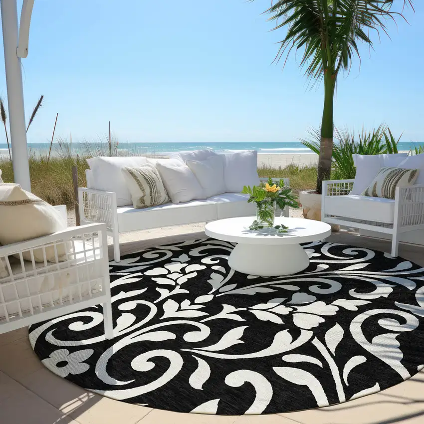 8' Black And Ivory Round Floral Washable Indoor Outdoor Area Rug Photo 6