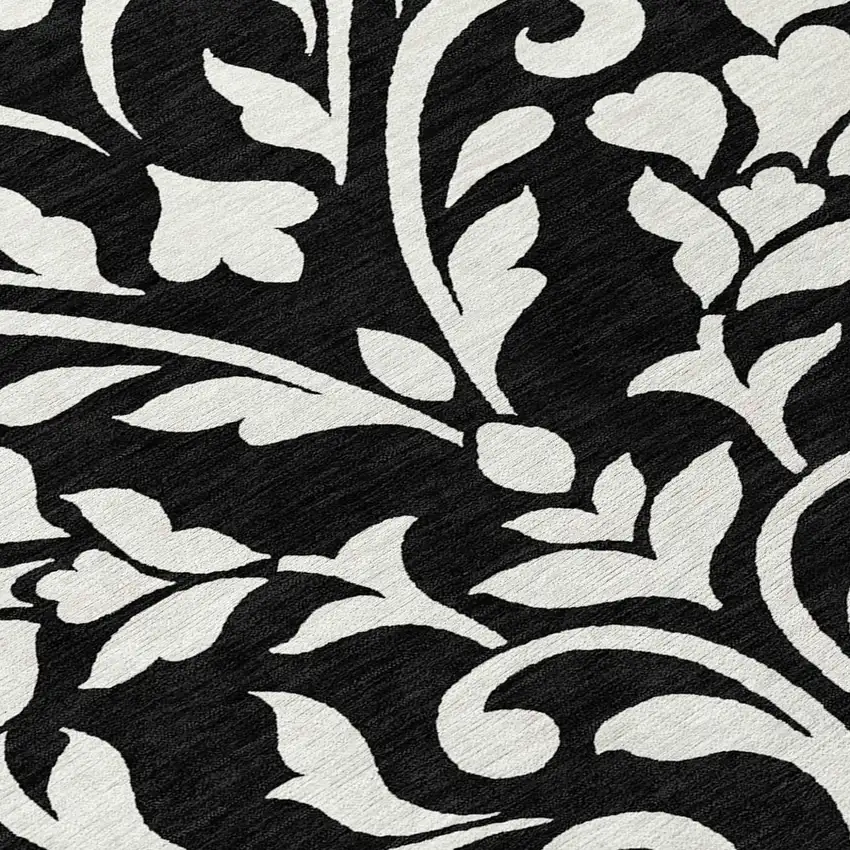 8' Black And Ivory Round Floral Washable Indoor Outdoor Area Rug Photo 8