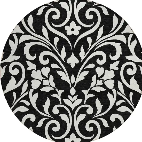 8' Black And Ivory Round Floral Washable Indoor Outdoor Area Rug Photo 4