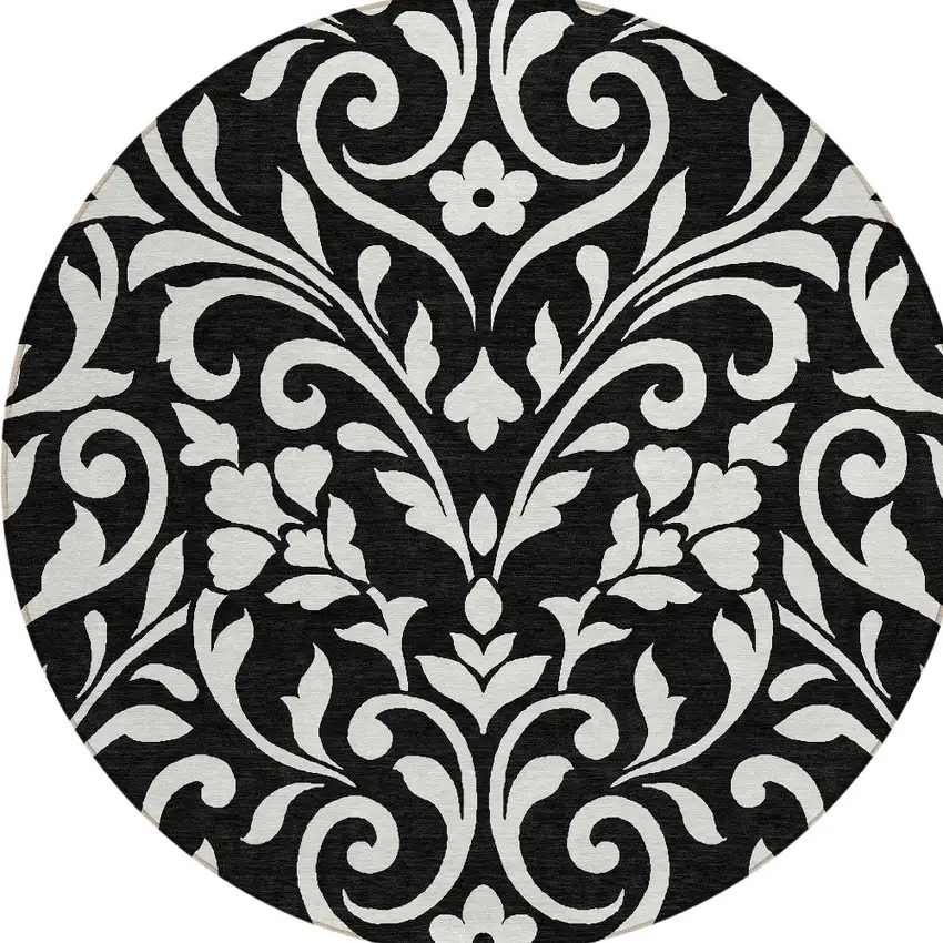8' Black And Ivory Round Floral Washable Indoor Outdoor Area Rug Photo 4