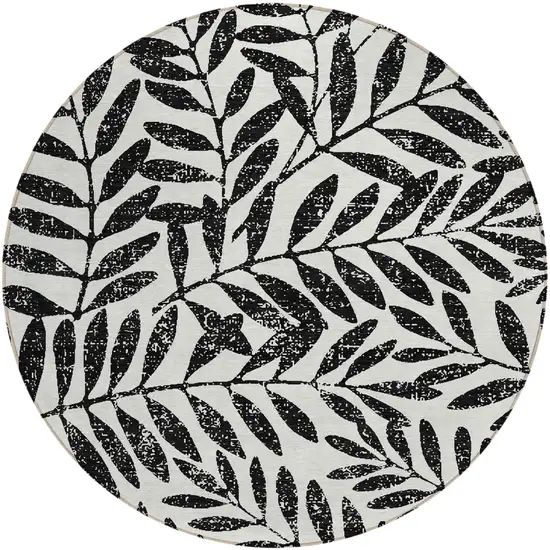 8' Black And Ivory Round Floral Washable Indoor Outdoor Area Rug Photo 2