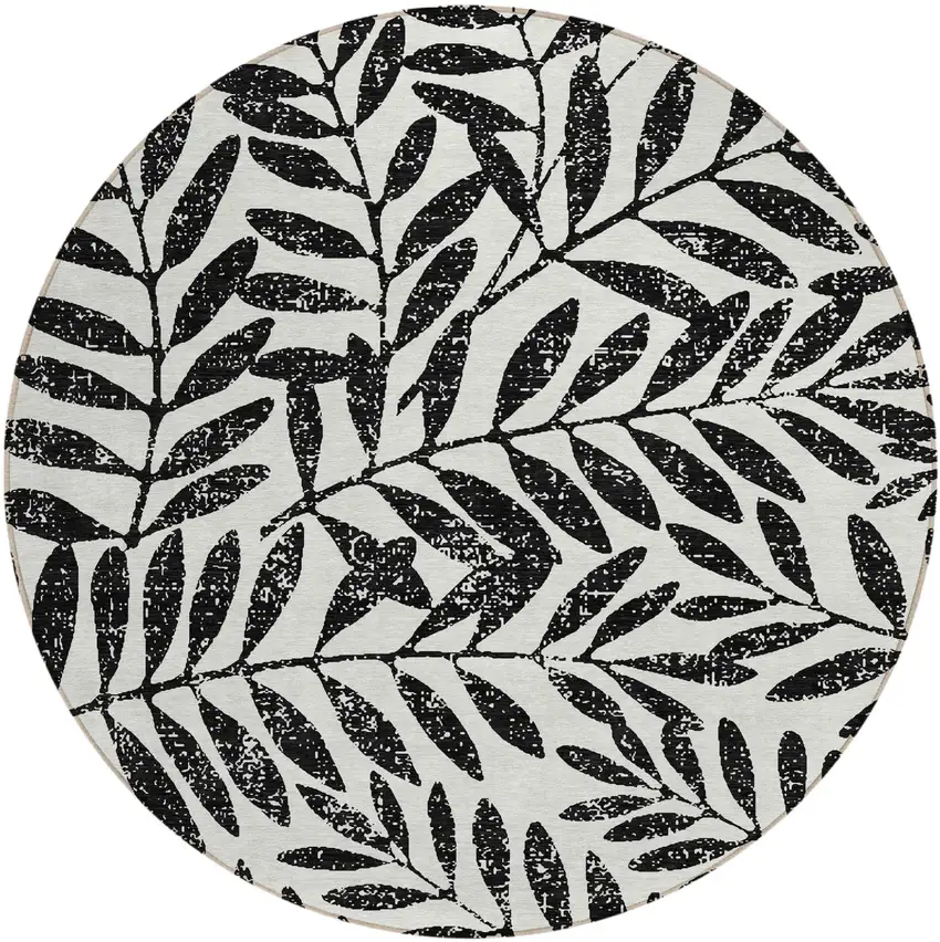 8' Black And Ivory Round Floral Washable Indoor Outdoor Area Rug Photo 2