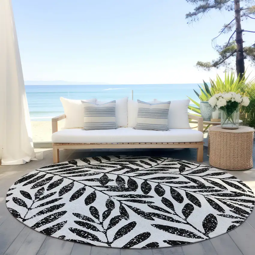8' Black And Ivory Round Floral Washable Indoor Outdoor Area Rug Photo 5