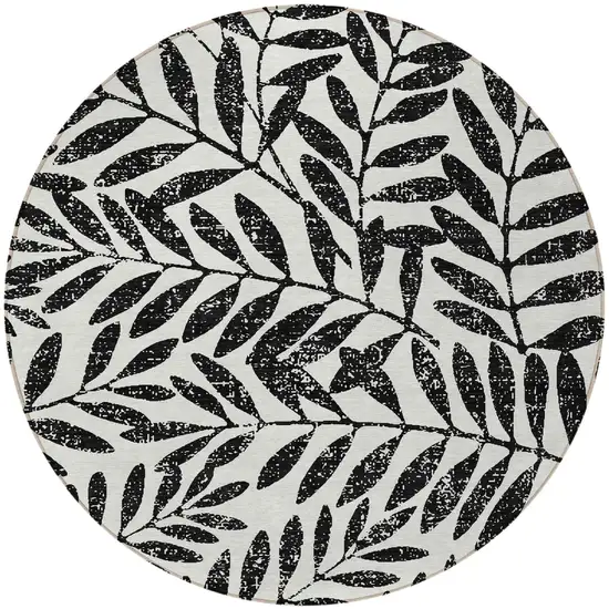 8' Black And Ivory Round Floral Washable Indoor Outdoor Area Rug Photo 4