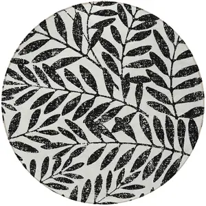 Photo of 8' Black And Ivory Round Floral Washable Indoor Outdoor Area Rug