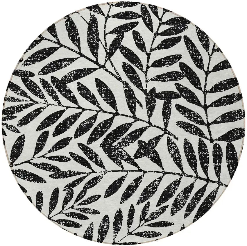 8' Black And Ivory Round Floral Washable Indoor Outdoor Area Rug Photo 4