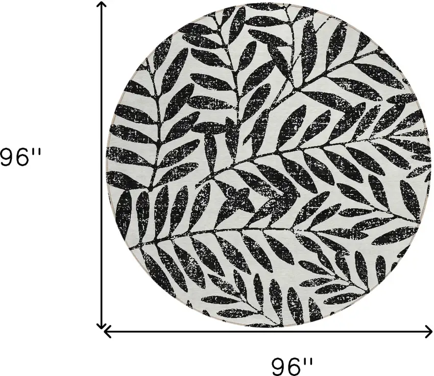 8' Black And Ivory Round Floral Washable Indoor Outdoor Area Rug Photo 3