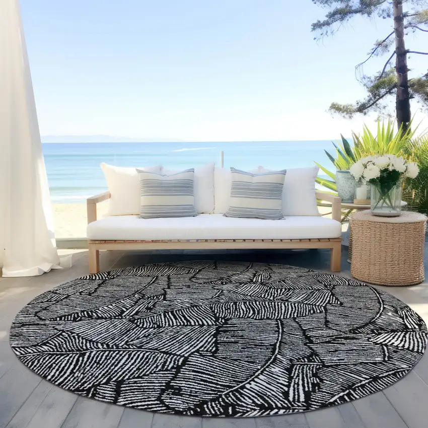 8' Black And Ivory Round Floral Washable Indoor Outdoor Area Rug Photo 7