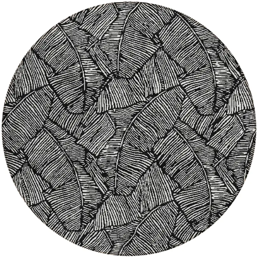 8' Black And Ivory Round Floral Washable Indoor Outdoor Area Rug Photo 2