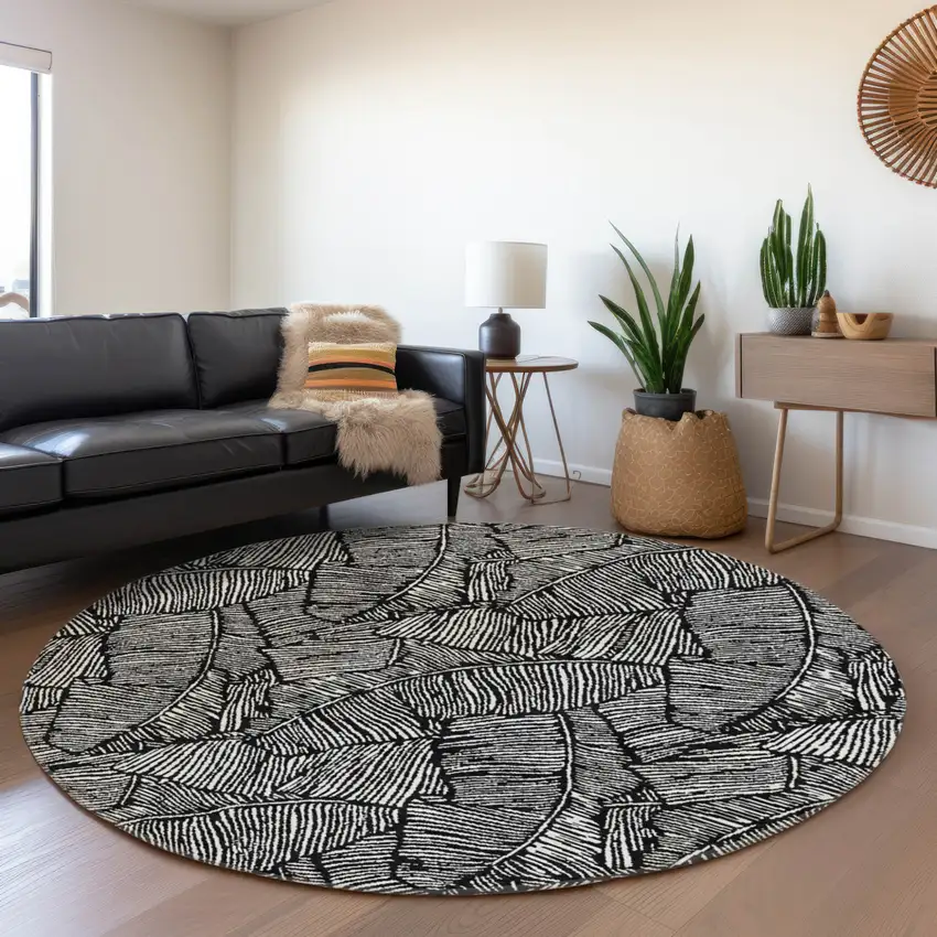 8' Black And Ivory Round Floral Washable Indoor Outdoor Area Rug Photo 8