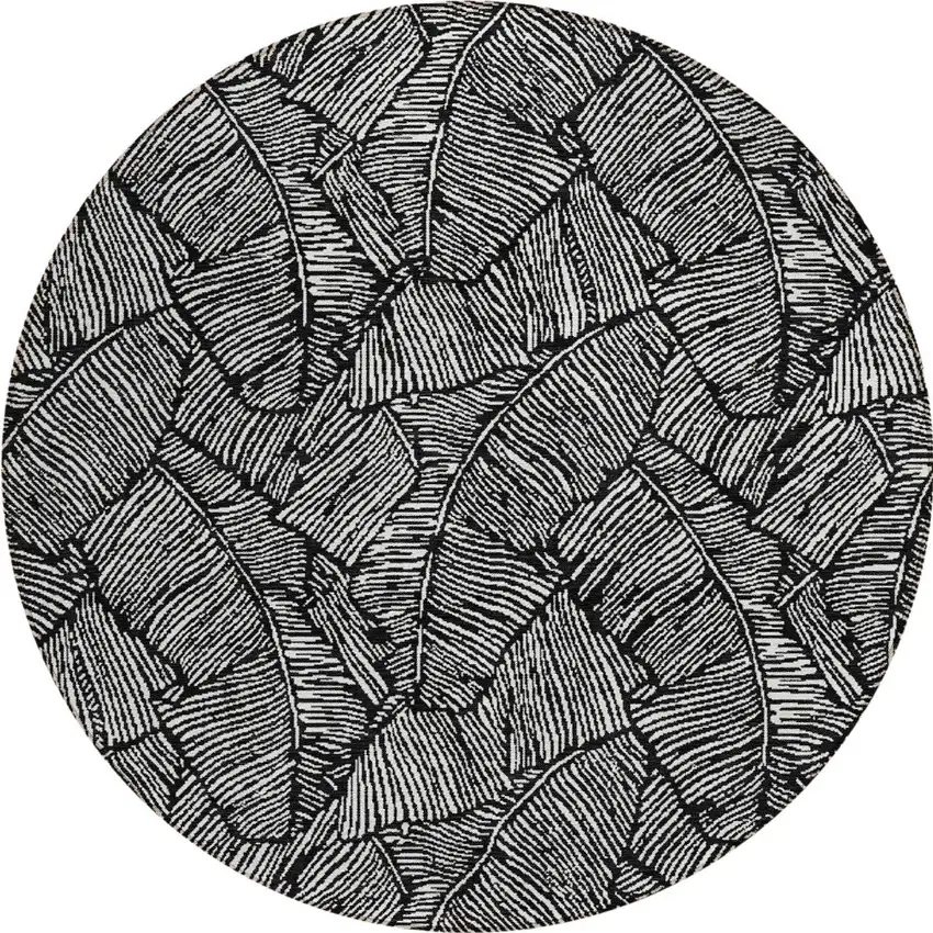 8' Black And Ivory Round Floral Washable Indoor Outdoor Area Rug Photo 6