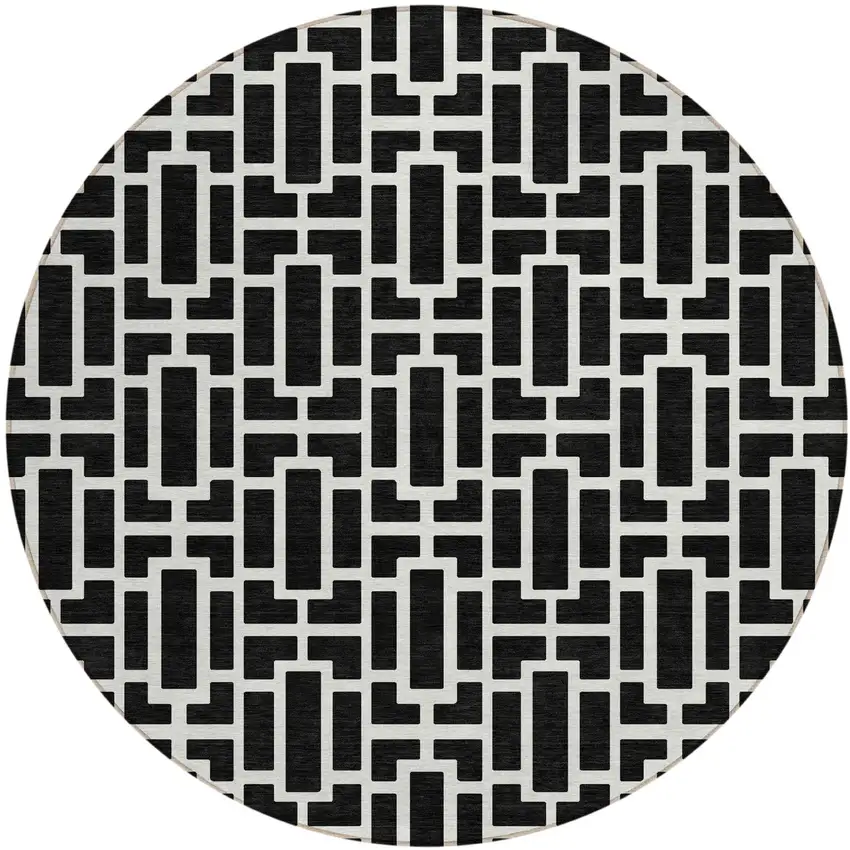8' Black And Ivory Round Geometric Washable Indoor Outdoor Area Rug Photo 2
