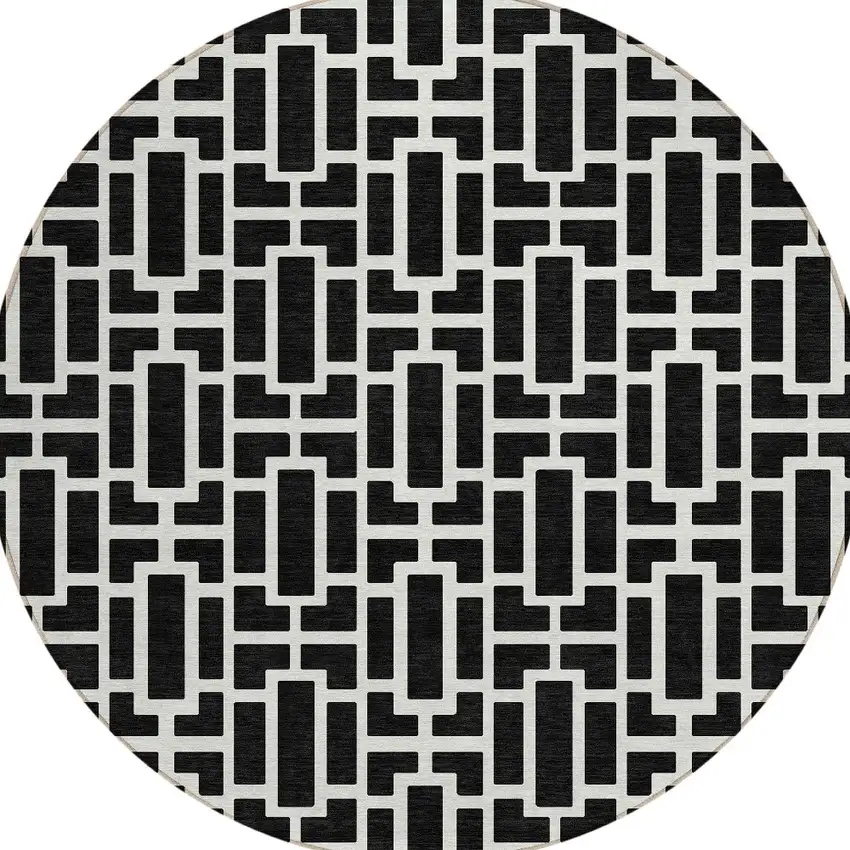 8' Black And Ivory Round Geometric Washable Indoor Outdoor Area Rug Photo 6