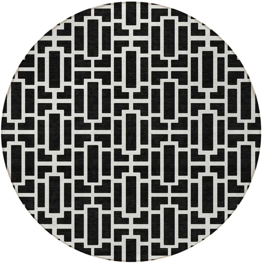 8' Black And Ivory Round Geometric Washable Indoor Outdoor Area Rug Photo 7