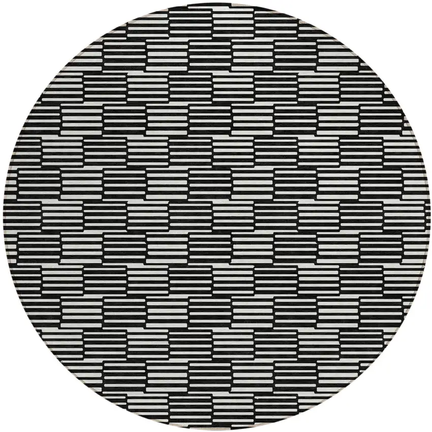 8' Black And Ivory Round Geometric Washable Indoor Outdoor Area Rug Photo 2