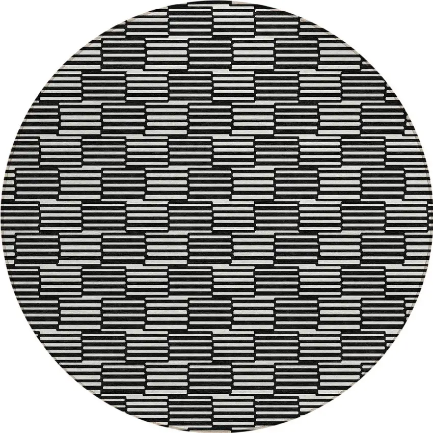 8' Black And Ivory Round Geometric Washable Indoor Outdoor Area Rug Photo 5