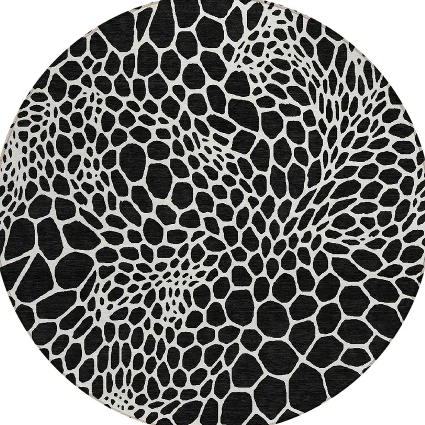 8' Black And Ivory Round Geometric Washable Indoor Outdoor Area Rug Photo 6