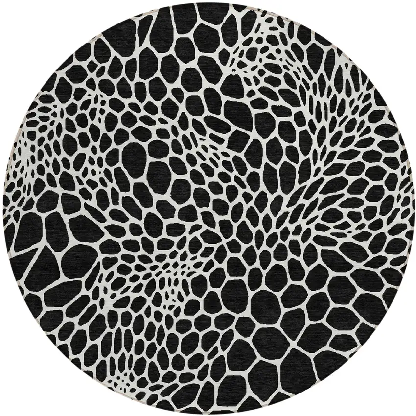 8' Black And Ivory Round Geometric Washable Indoor Outdoor Area Rug Photo 2