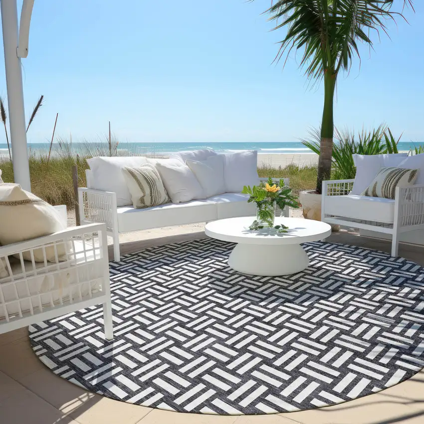 8' Black And Ivory Round Geometric Washable Indoor Outdoor Area Rug Photo 5