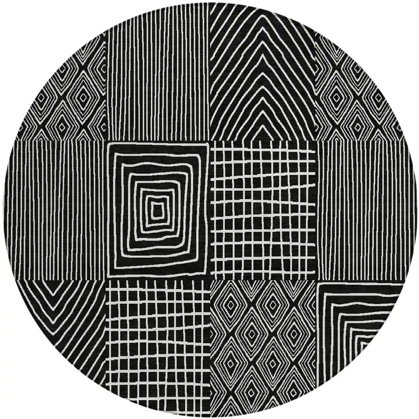 8' Black And Ivory Round Geometric Washable Indoor Outdoor Area Rug Photo 2