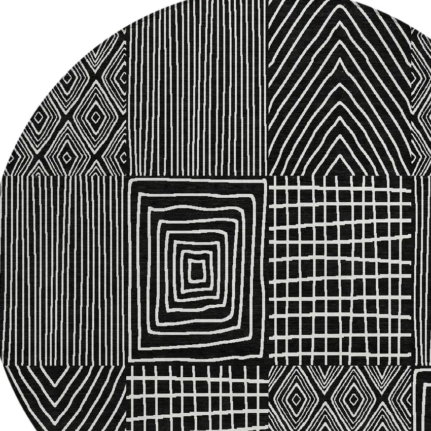 8' Black And Ivory Round Geometric Washable Indoor Outdoor Area Rug Photo 5