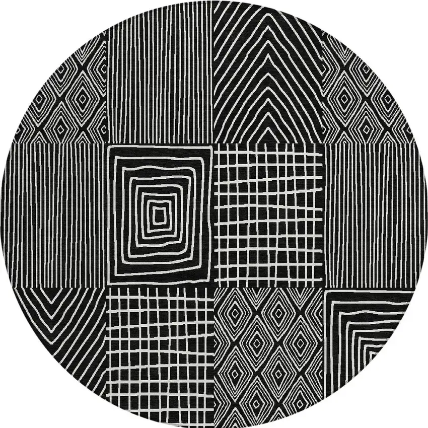 8' Black And Ivory Round Geometric Washable Indoor Outdoor Area Rug Photo 6
