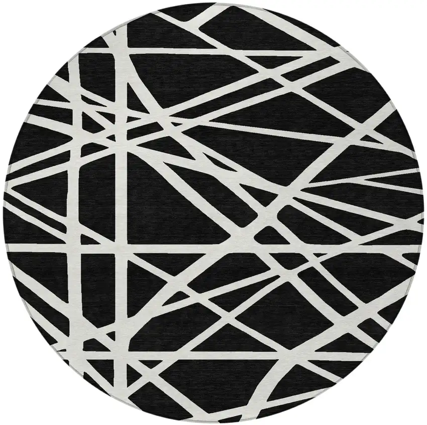 8' Black And Ivory Round Geometric Washable Indoor Outdoor Area Rug Photo 5