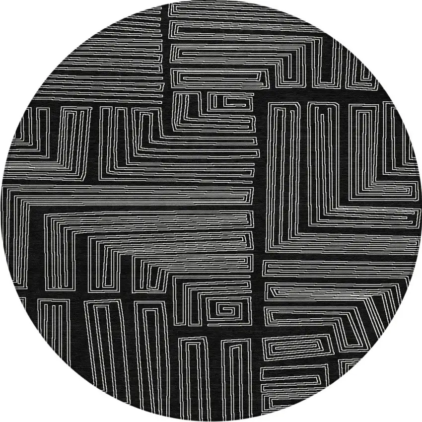 8' Black And Ivory Round Geometric Washable Indoor Outdoor Area Rug Photo 6