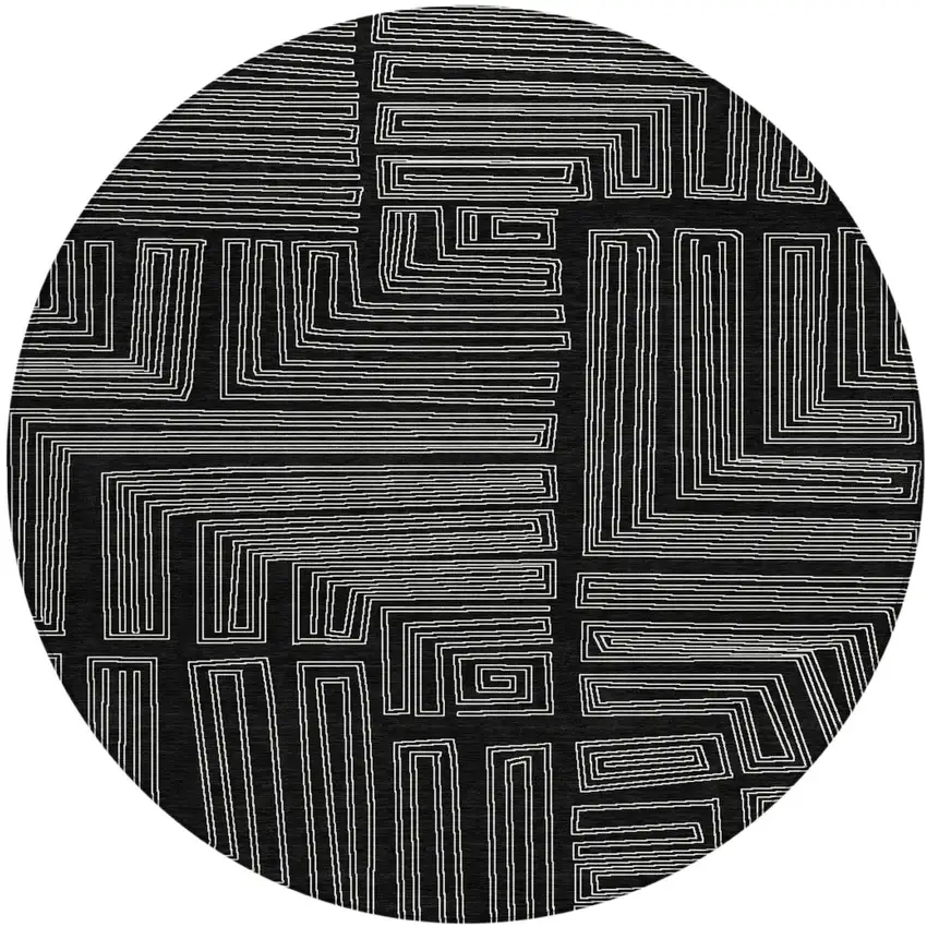 8' Black And Ivory Round Geometric Washable Indoor Outdoor Area Rug Photo 2