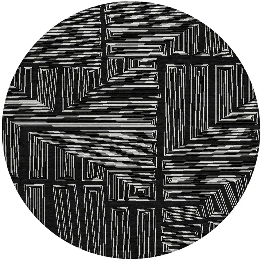 8' Black And Ivory Round Geometric Washable Indoor Outdoor Area Rug Photo 2