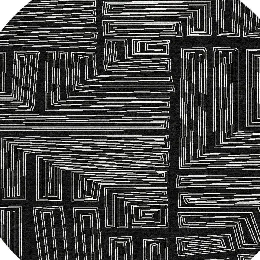 8' Black And Ivory Round Geometric Washable Indoor Outdoor Area Rug Photo 5
