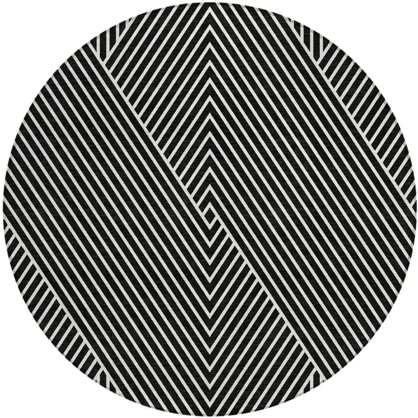 8' Black And Ivory Round Geometric Washable Indoor Outdoor Area Rug Photo 2