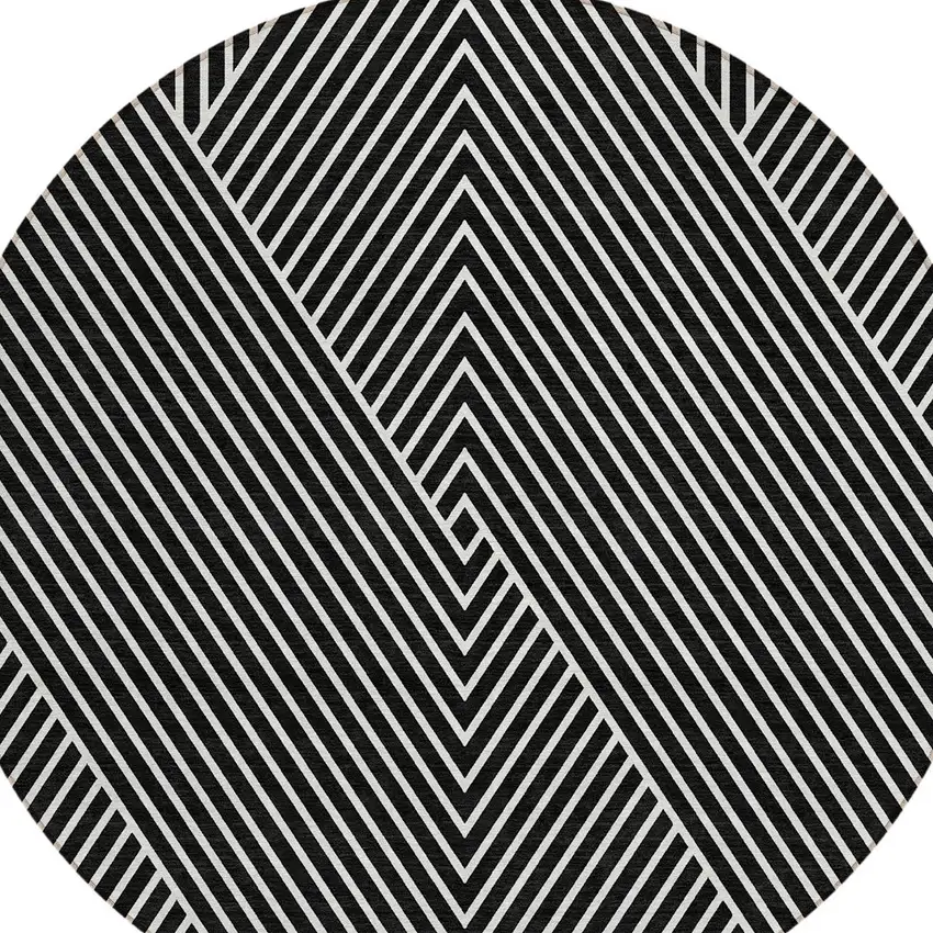 8' Black And Ivory Round Geometric Washable Indoor Outdoor Area Rug Photo 6
