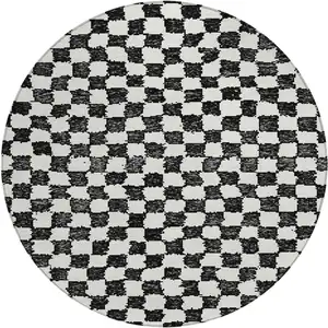Photo of 8' Black And Ivory Round Geometric Washable Indoor Outdoor Area Rug