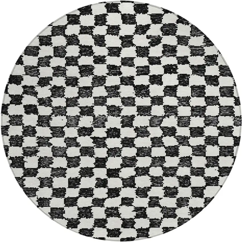 8' Black And Ivory Round Geometric Washable Indoor Outdoor Area Rug Photo 1