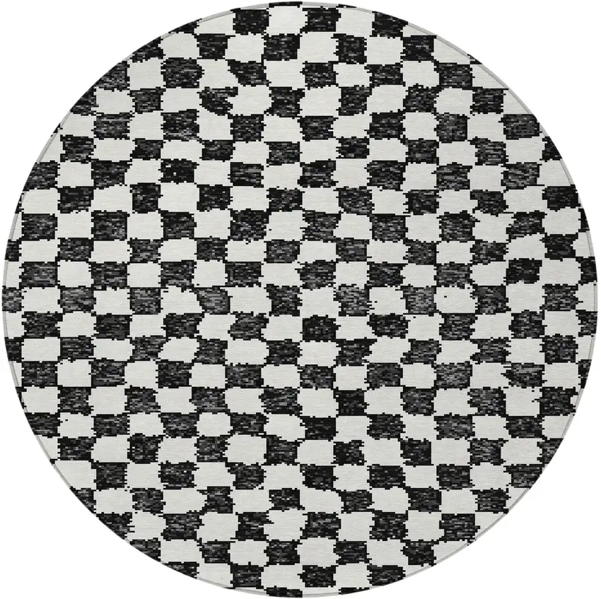 8' Black And Ivory Round Geometric Washable Indoor Outdoor Area Rug Photo 3