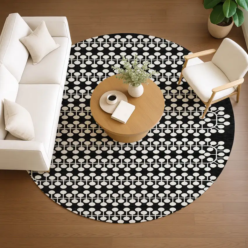 8' Black And Ivory Round Geometric Washable Indoor Outdoor Area Rug Photo 8