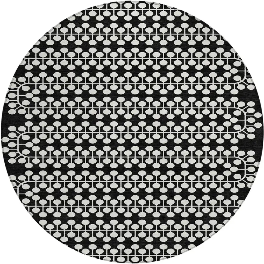 8' Black And Ivory Round Geometric Washable Indoor Outdoor Area Rug Photo 2