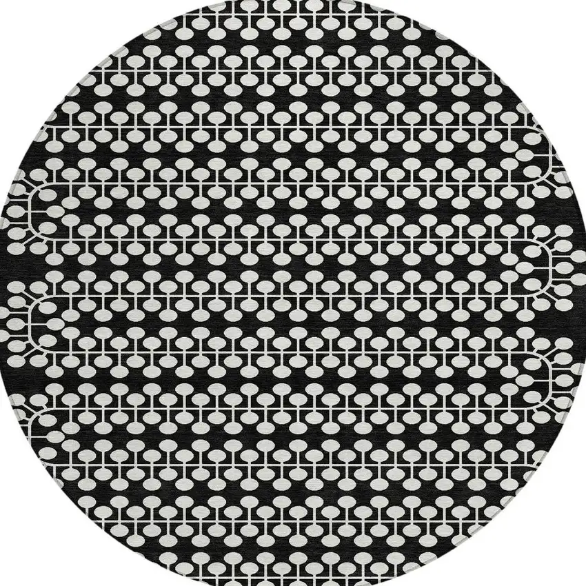 8' Black And Ivory Round Geometric Washable Indoor Outdoor Area Rug Photo 4