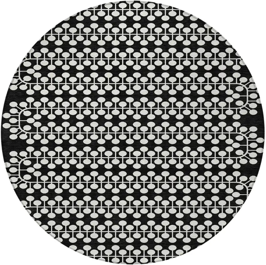 8' Black And Ivory Round Geometric Washable Indoor Outdoor Area Rug Photo 5