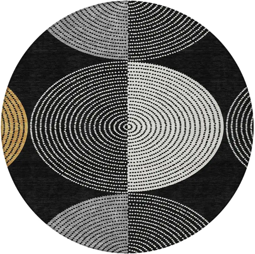 8' Black And Ivory Round Geometric Washable Indoor Outdoor Area Rug Photo 4