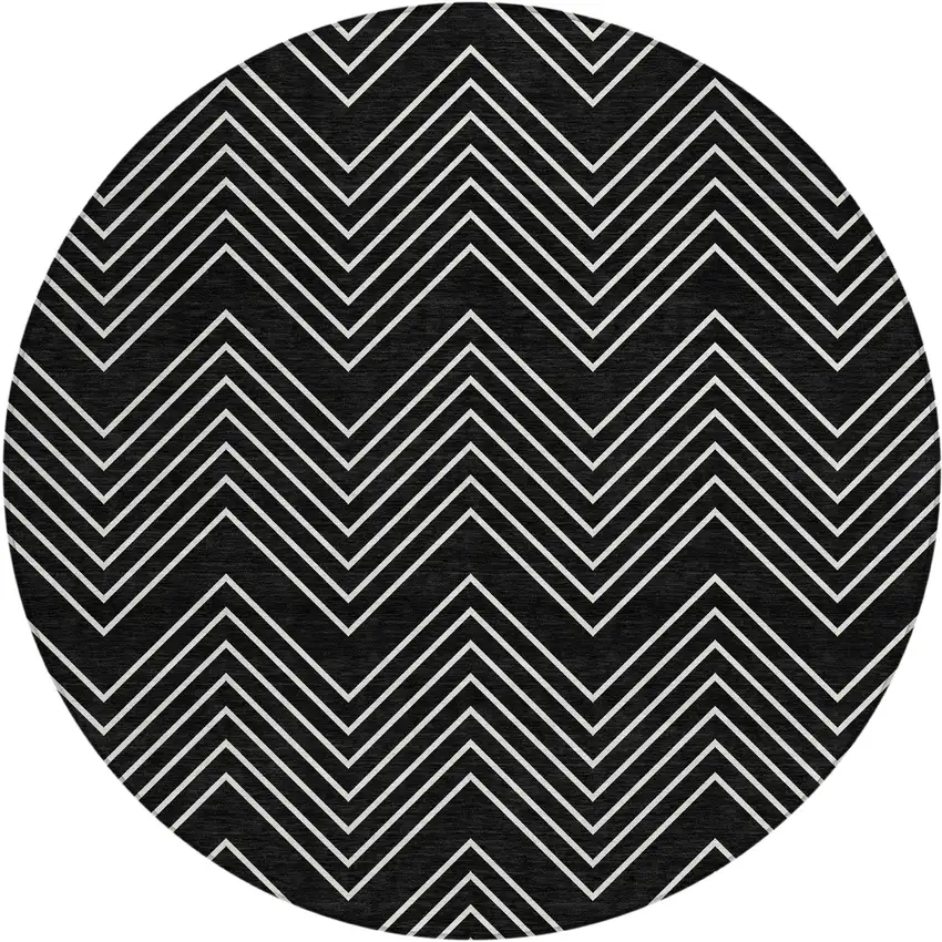 8' Black And Ivory Round Geometric Washable Indoor Outdoor Area Rug Photo 1