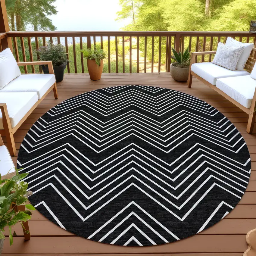 8' Black And Ivory Round Geometric Washable Indoor Outdoor Area Rug Photo 4