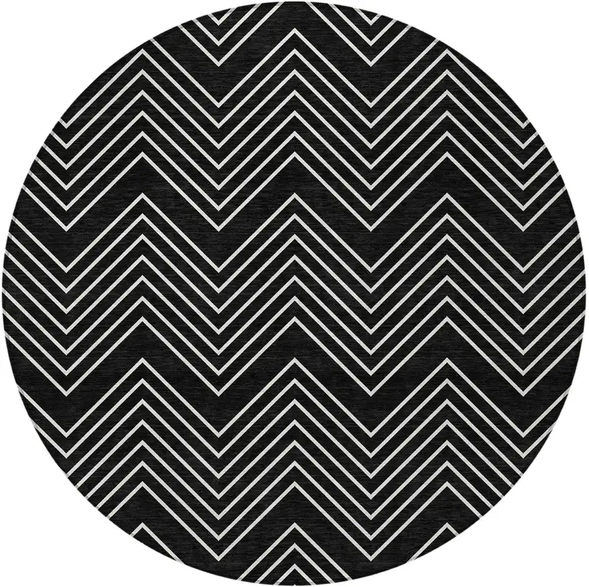 8' Black And Ivory Round Geometric Washable Indoor Outdoor Area Rug Photo 3