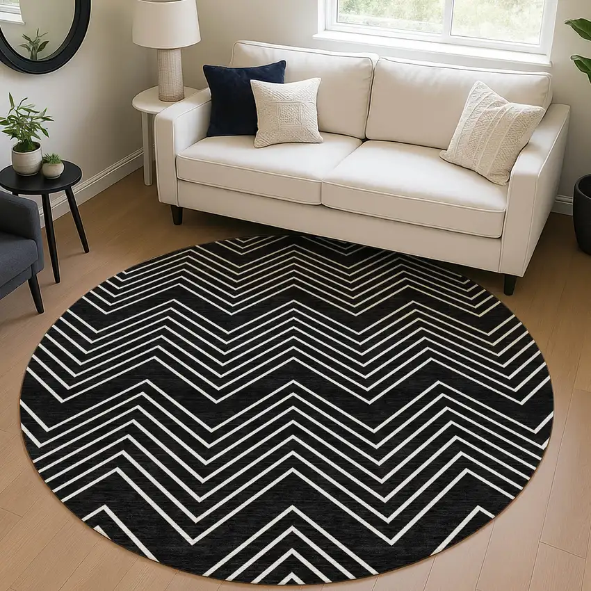 8' Black And Ivory Round Geometric Washable Indoor Outdoor Area Rug Photo 5