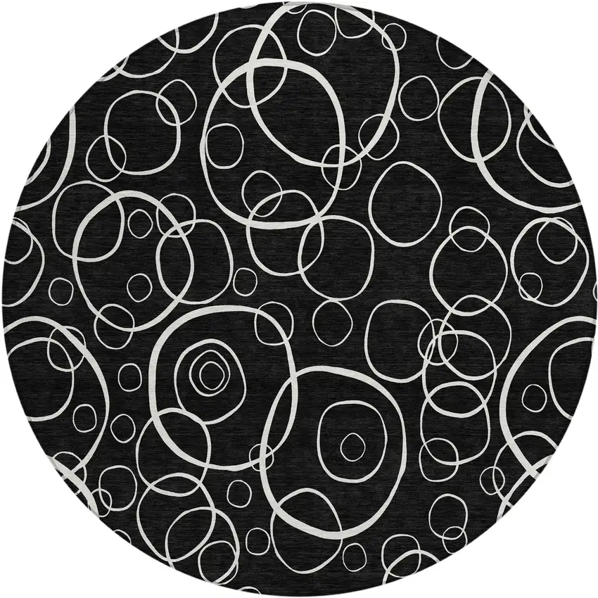 8' Black And Ivory Round Geometric Washable Indoor Outdoor Area Rug Photo 1