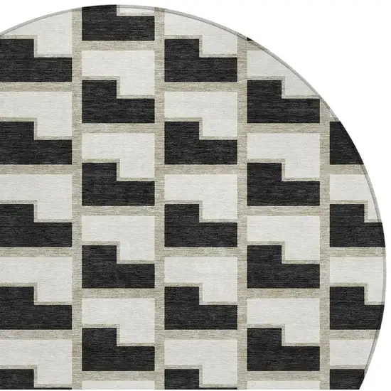 8' Black And Ivory Round Geometric Washable Indoor Outdoor Area Rug Photo 3