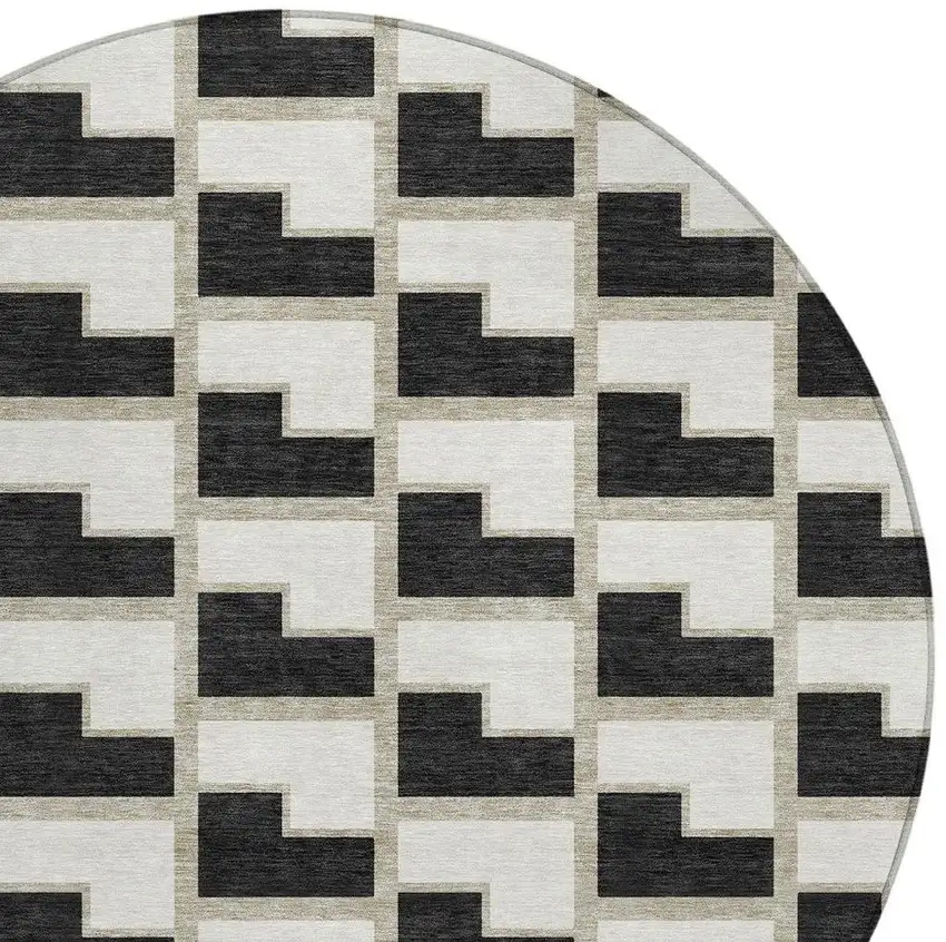 8' Black And Ivory Round Geometric Washable Indoor Outdoor Area Rug Photo 3