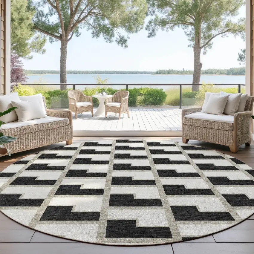 8' Black And Ivory Round Geometric Washable Indoor Outdoor Area Rug Photo 4