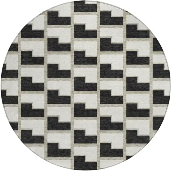 8' Black And Ivory Round Geometric Washable Indoor Outdoor Area Rug Photo 1